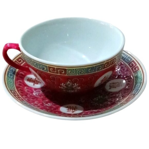 Vintage Chinese Jingdezhen Mun Shou Famille Rose Porcelain Red Tea Cup & Saucer - Picture 2 of 9